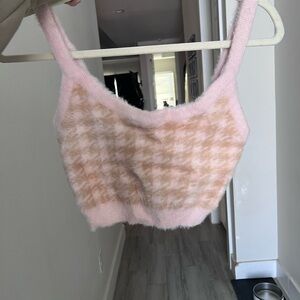 For Love & Lemons Pink and Tan Fuzzy Houndstooth Crop Tank